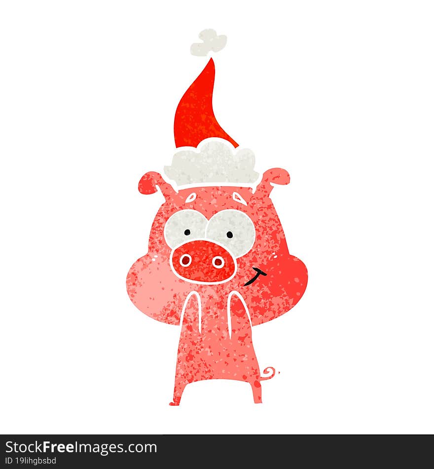 happy retro cartoon of a pig wearing santa hat