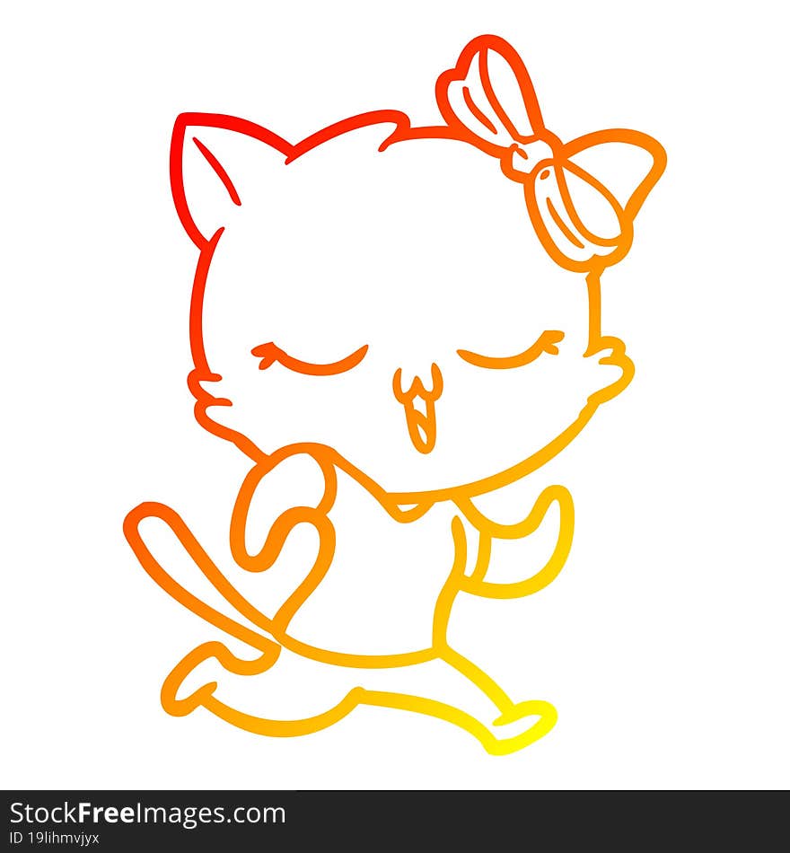 Warm Gradient Line Drawing Cartoon Cat With Bow On Head