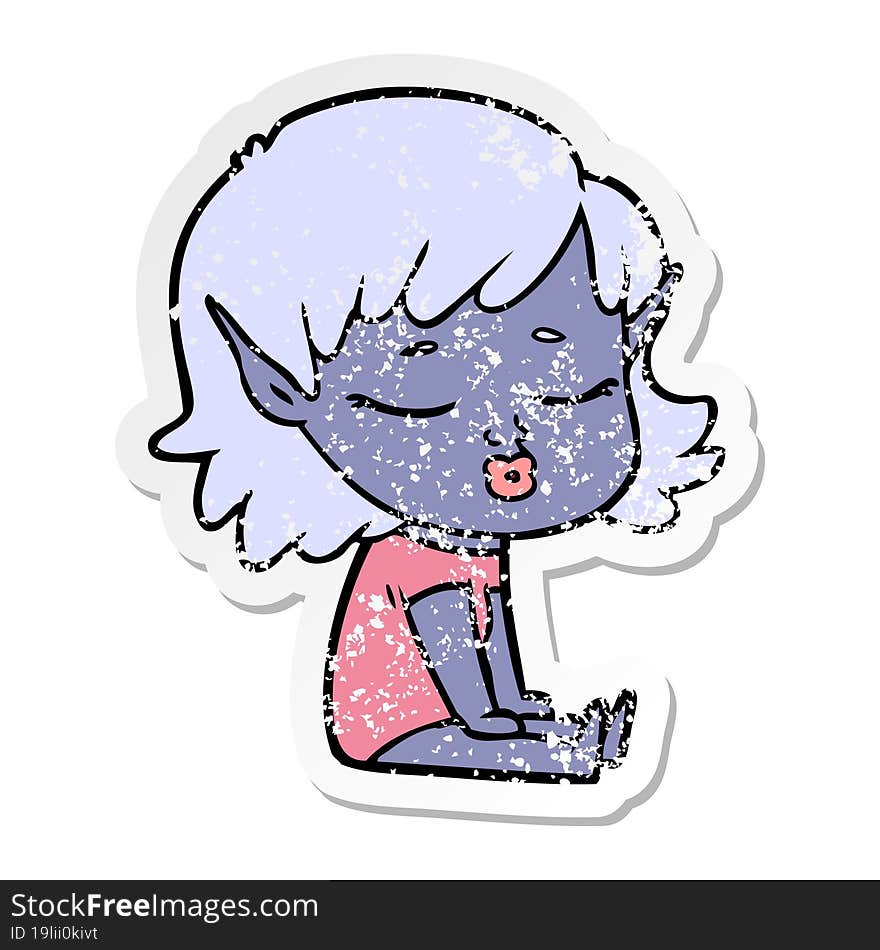 distressed sticker of a pretty cartoon elf girl sitting