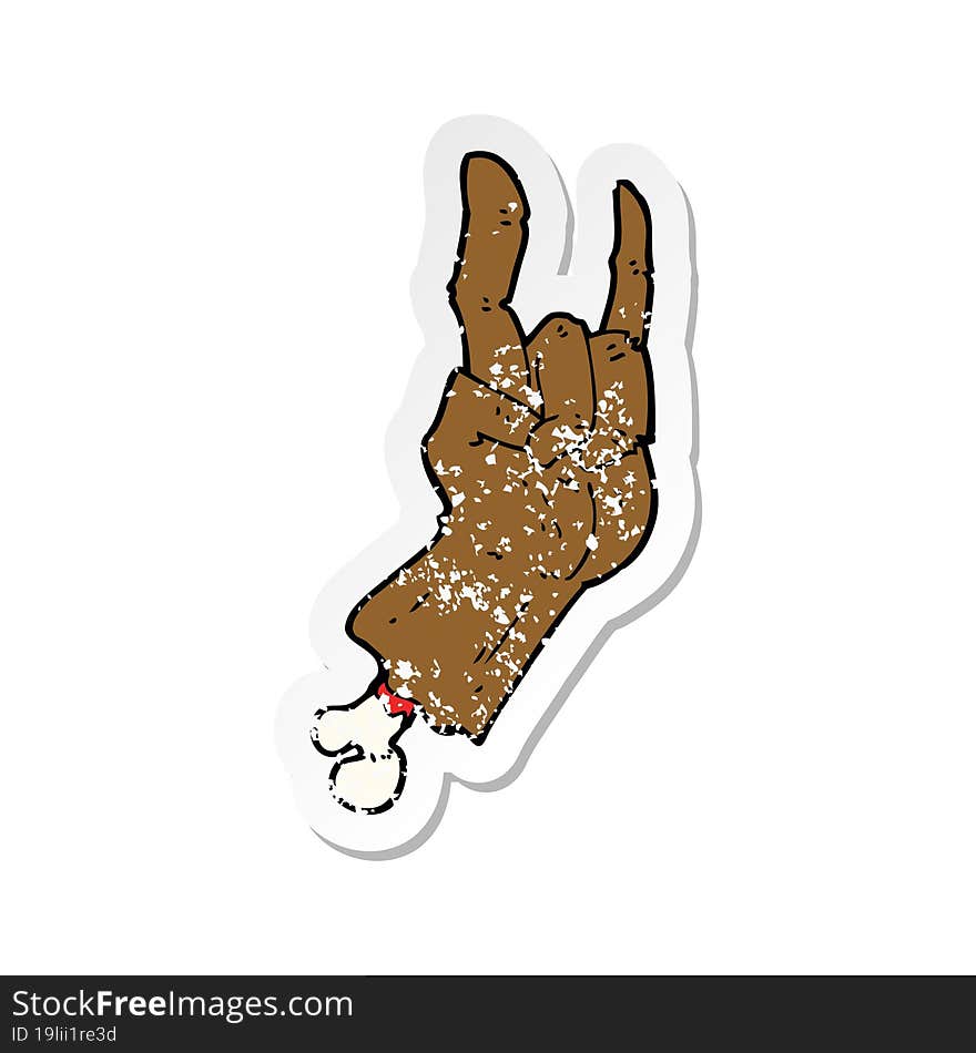 retro distressed sticker of a cartoon hand making rock symbol