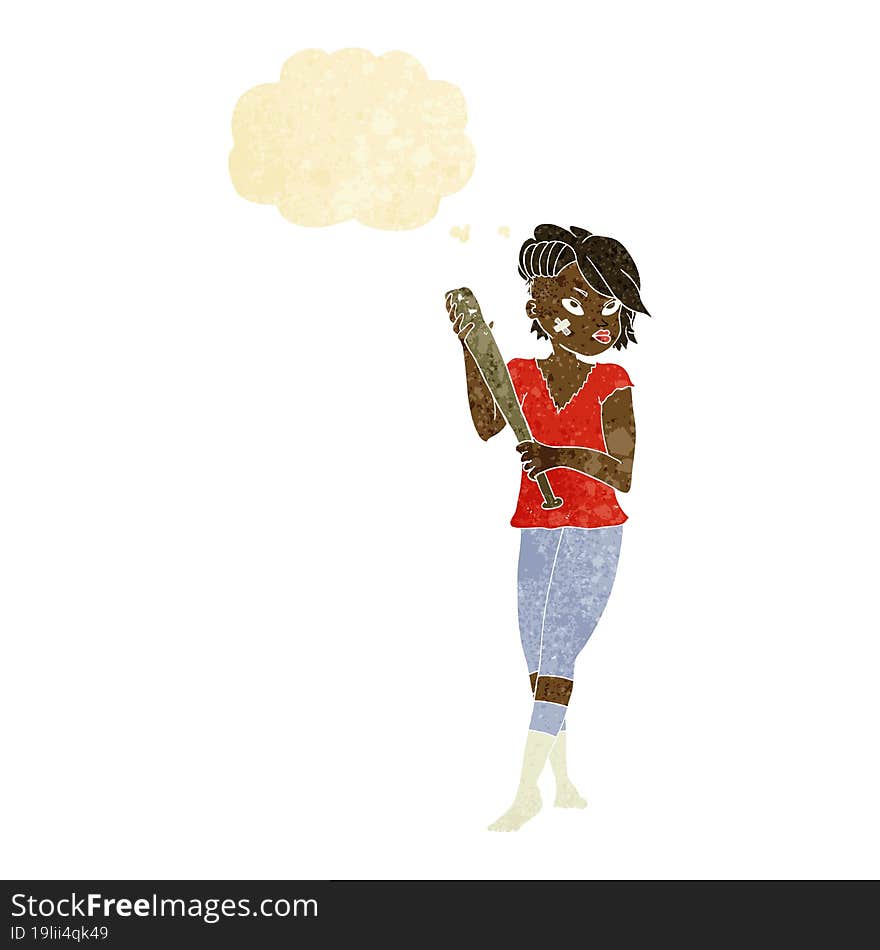 cartoon pretty punk girl with baseball bat with thought bubble