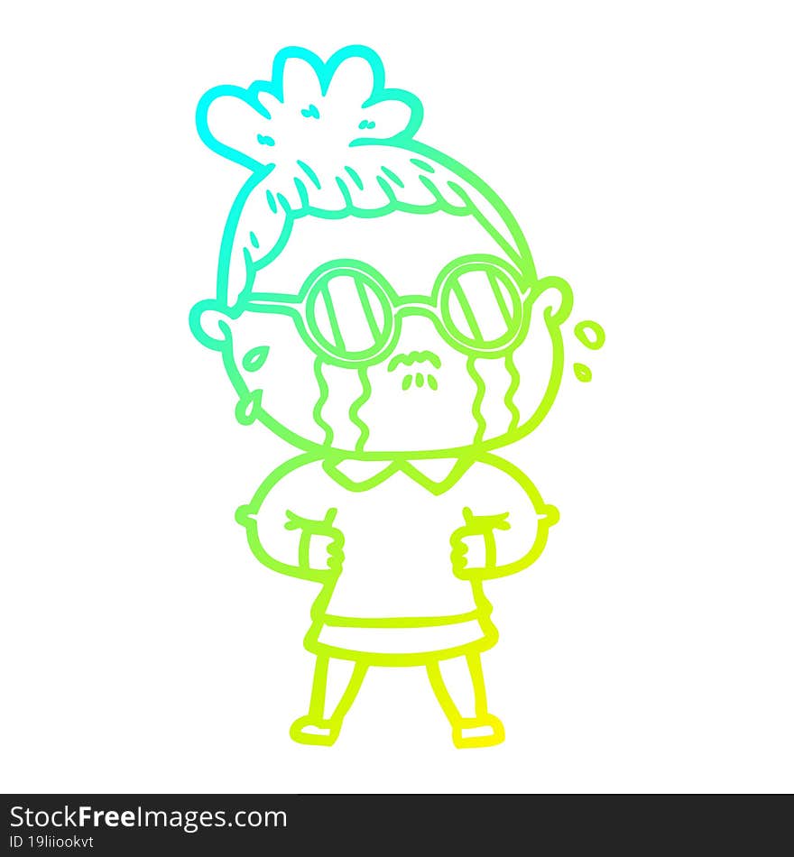 cold gradient line drawing cartoon crying woman wearing spectacles