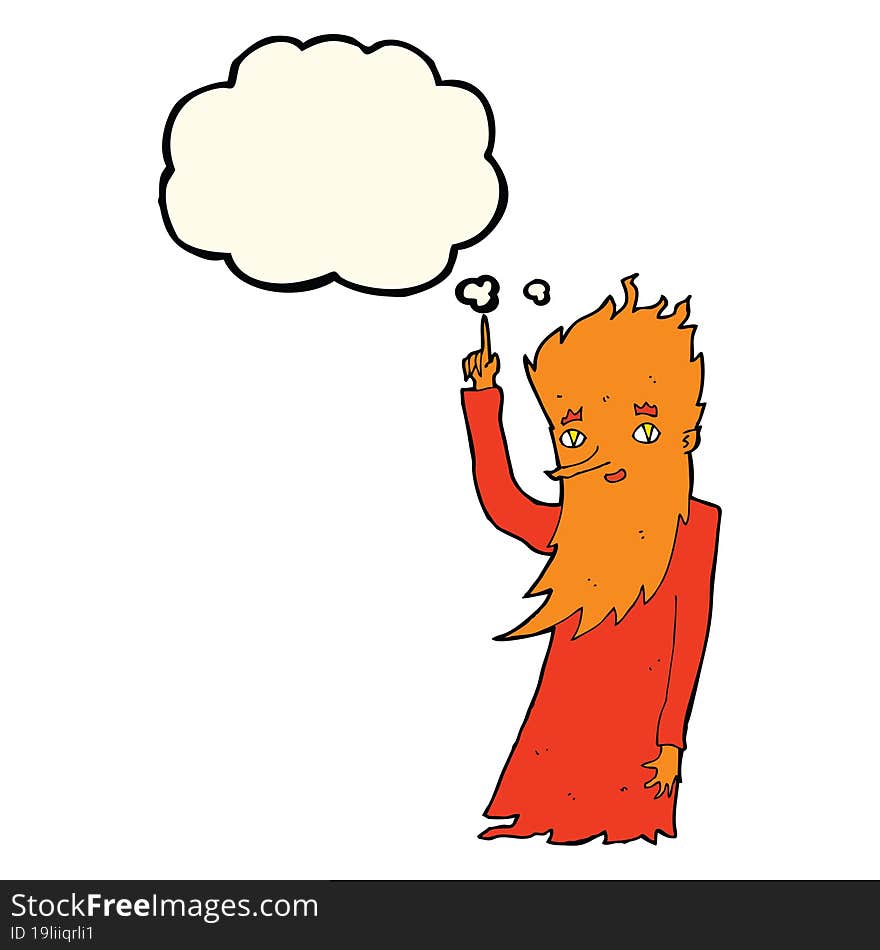 cartoon fire spirit with thought bubble