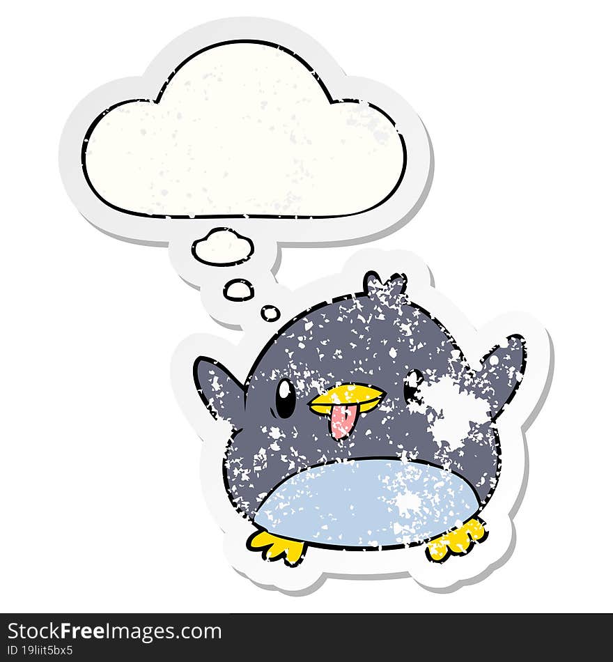 cute cartoon penguin and thought bubble as a distressed worn sticker