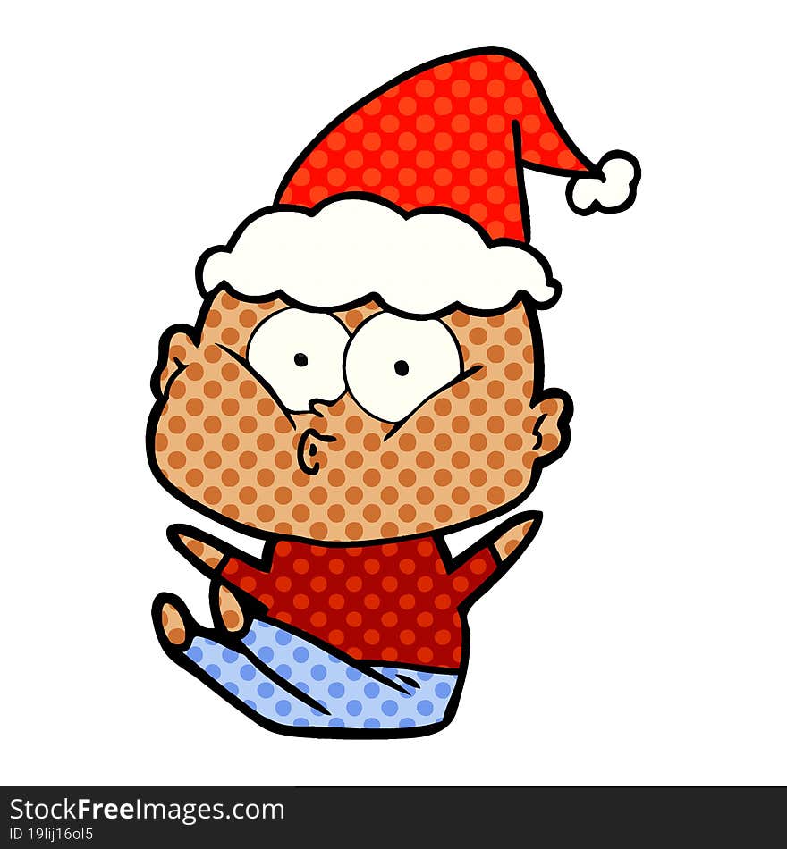 comic book style illustration of a bald man staring wearing santa hat