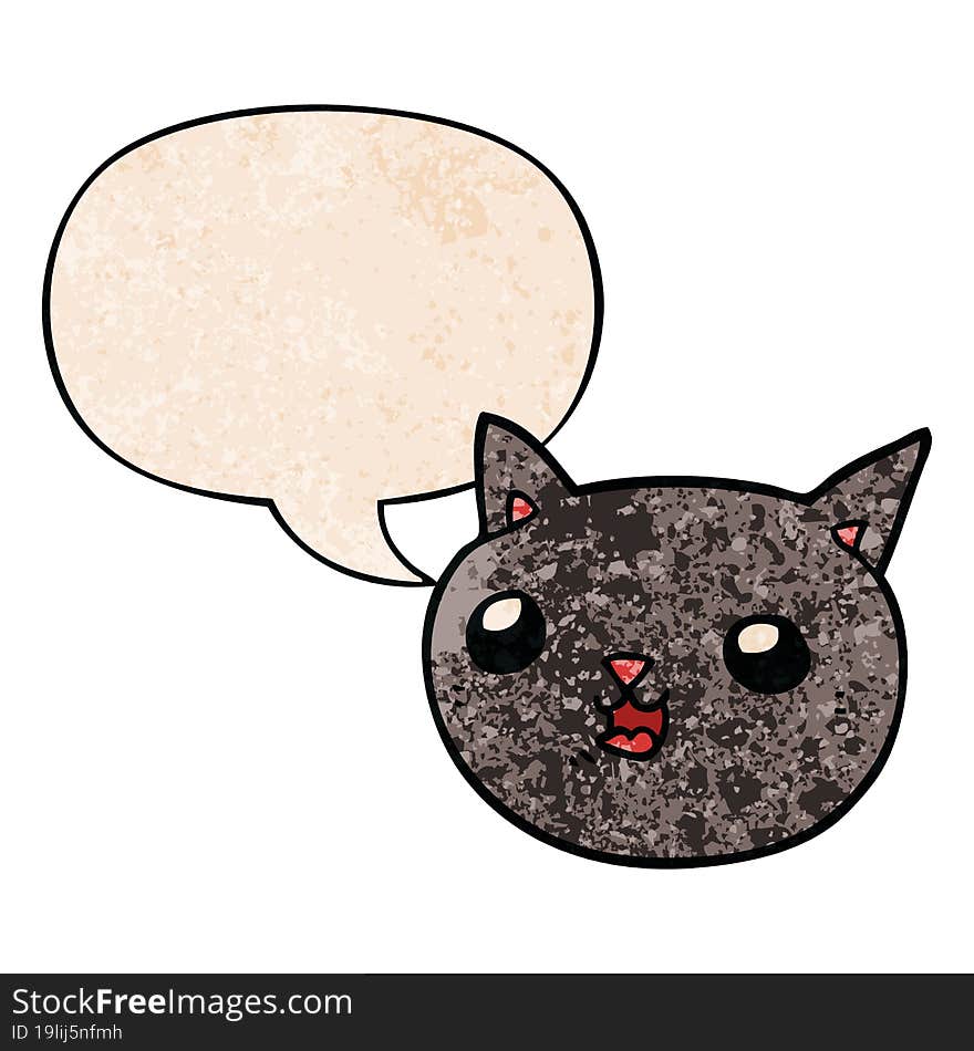 cartoon cat and speech bubble in retro texture style