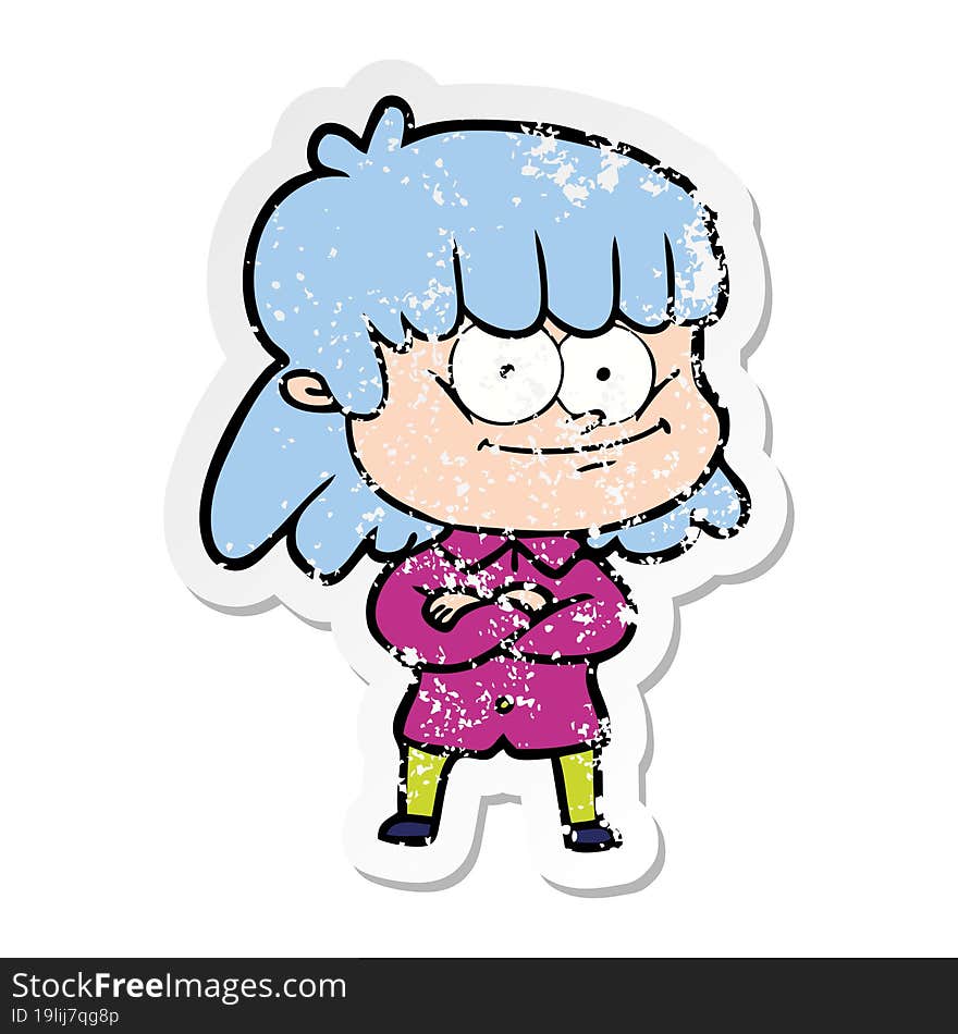 distressed sticker of a cartoon smiling woman