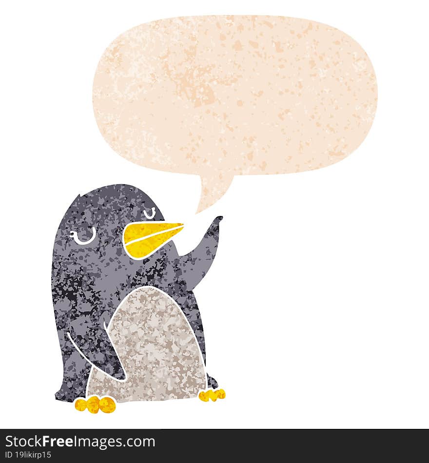 cartoon penguin and speech bubble in retro textured style