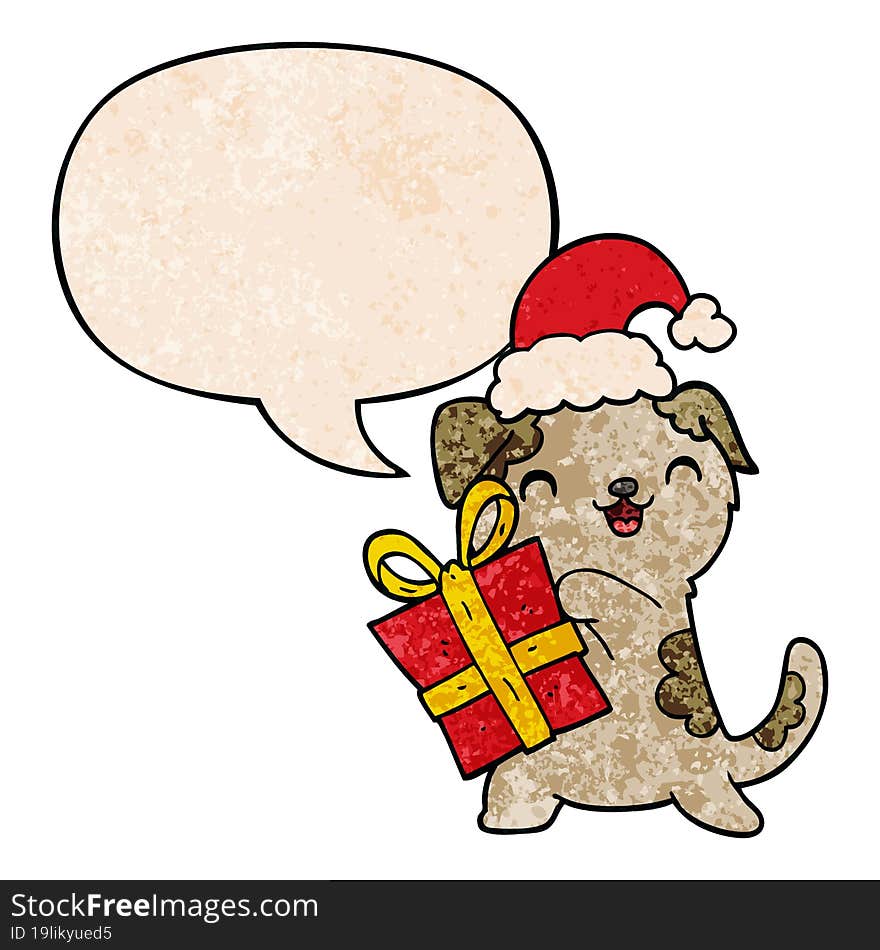 cute cartoon puppy and christmas present and hat and speech bubble in retro texture style