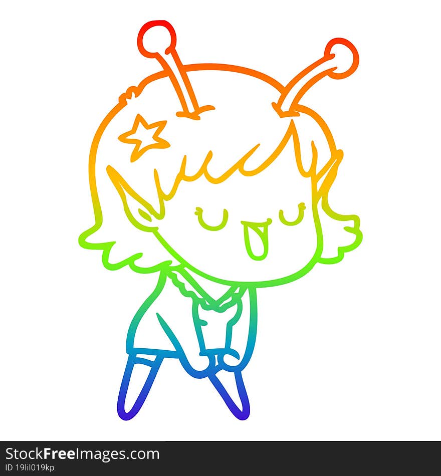 rainbow gradient line drawing happy alien girl cartoon