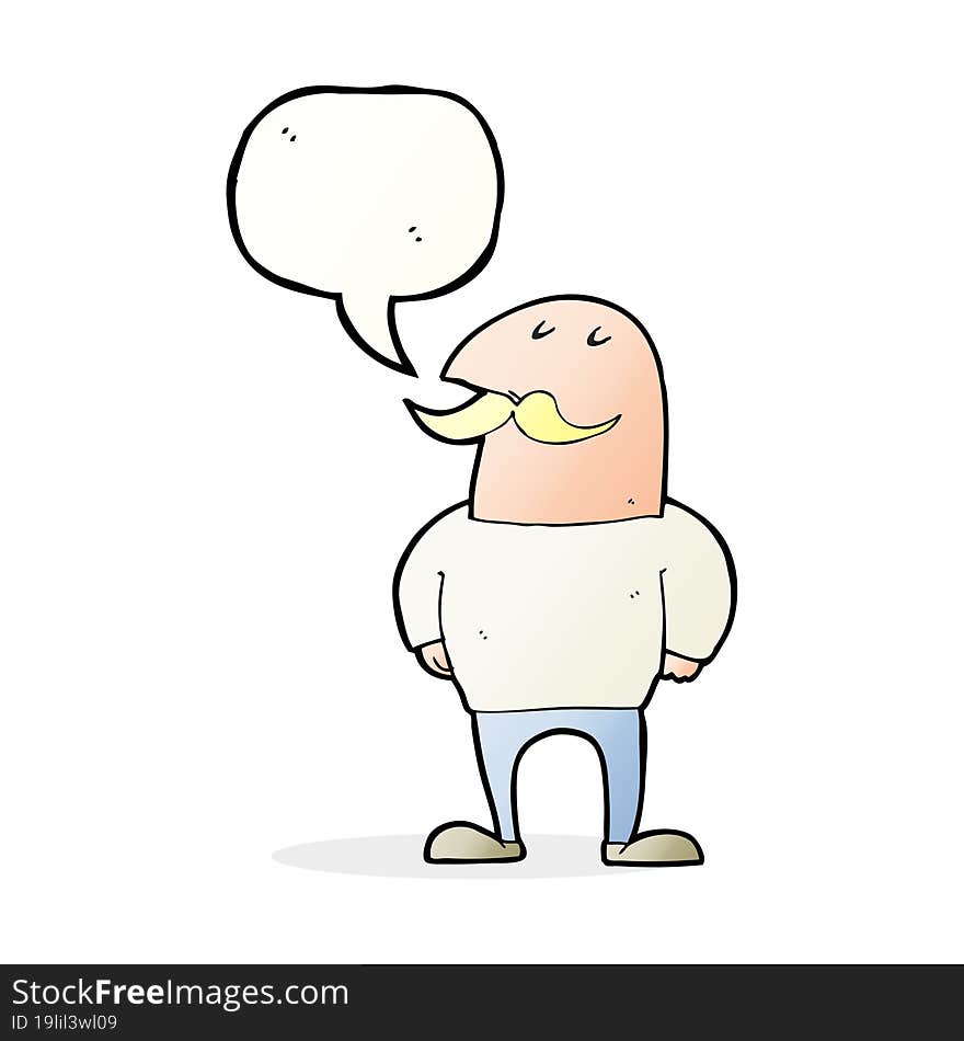 cartoon bald man with mustache with speech bubble