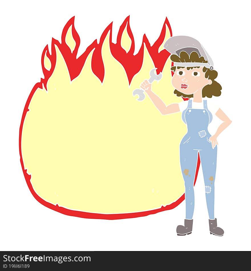 flat color illustration of a cartoon woman with spanner