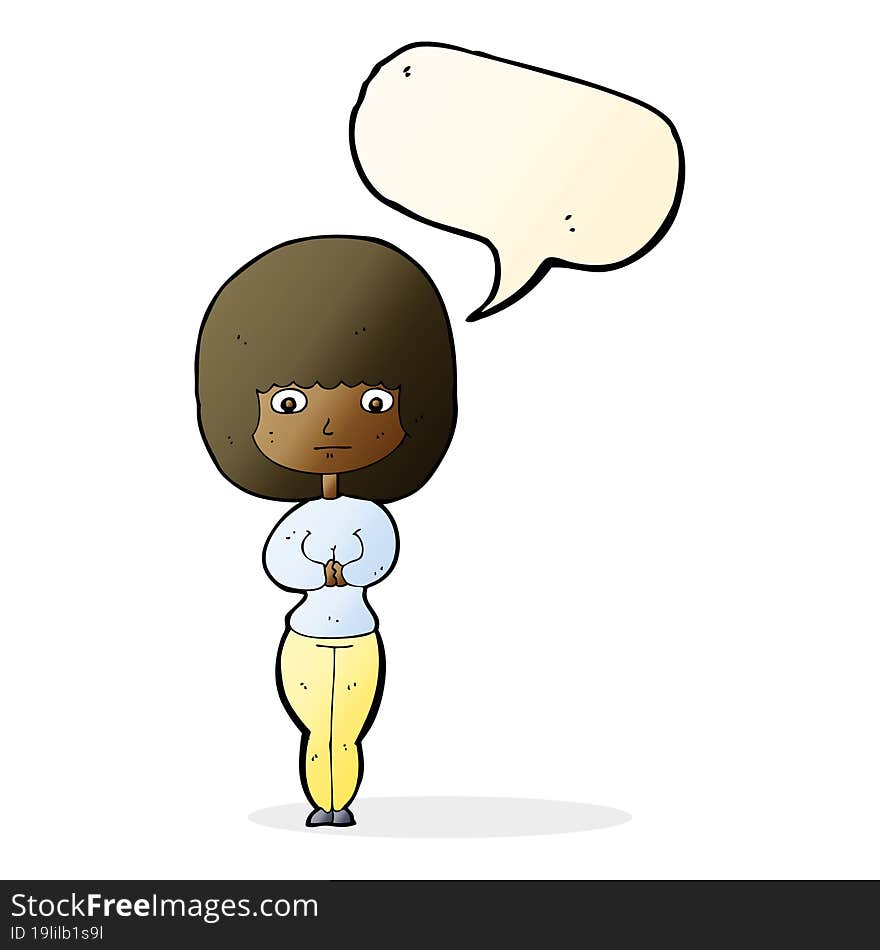 cartoon shy woman with speech bubble