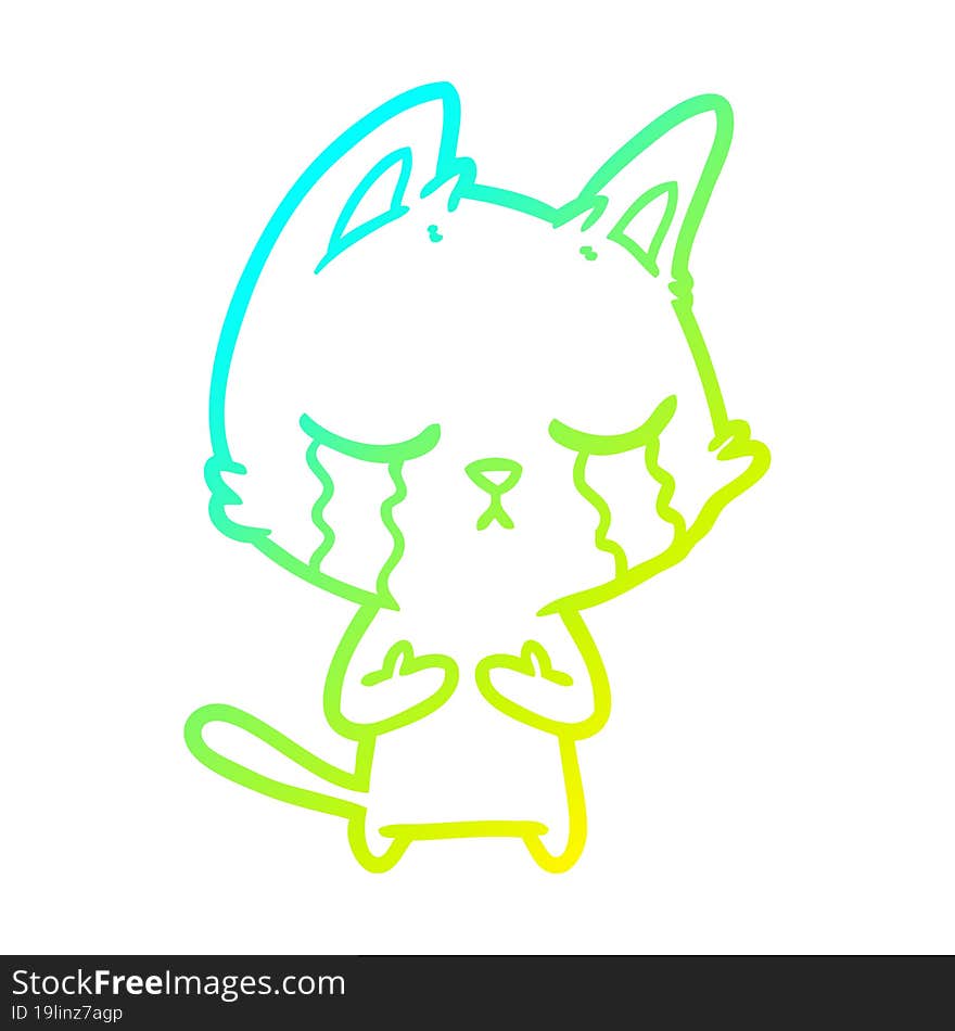 Cold Gradient Line Drawing Crying Cartoon Cat