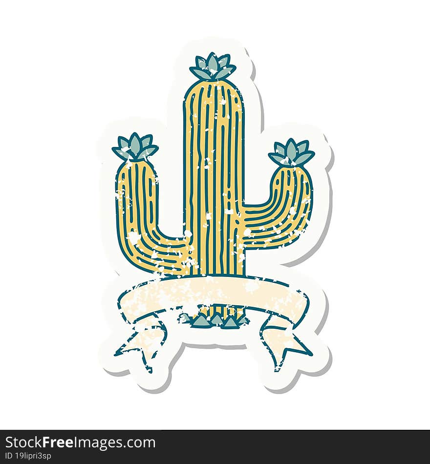 grunge sticker with banner of a cactus