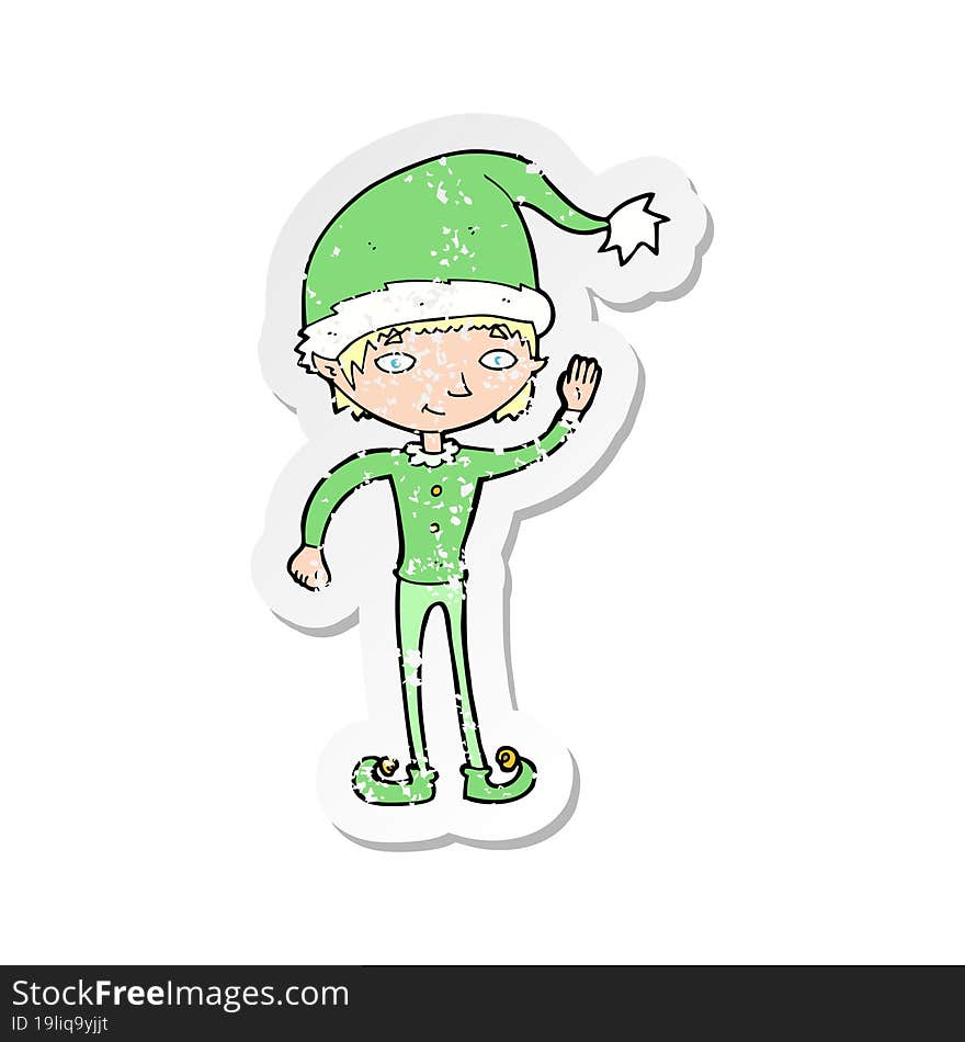 Retro Distressed Sticker Of A Cartoon Waving Christmas Elf