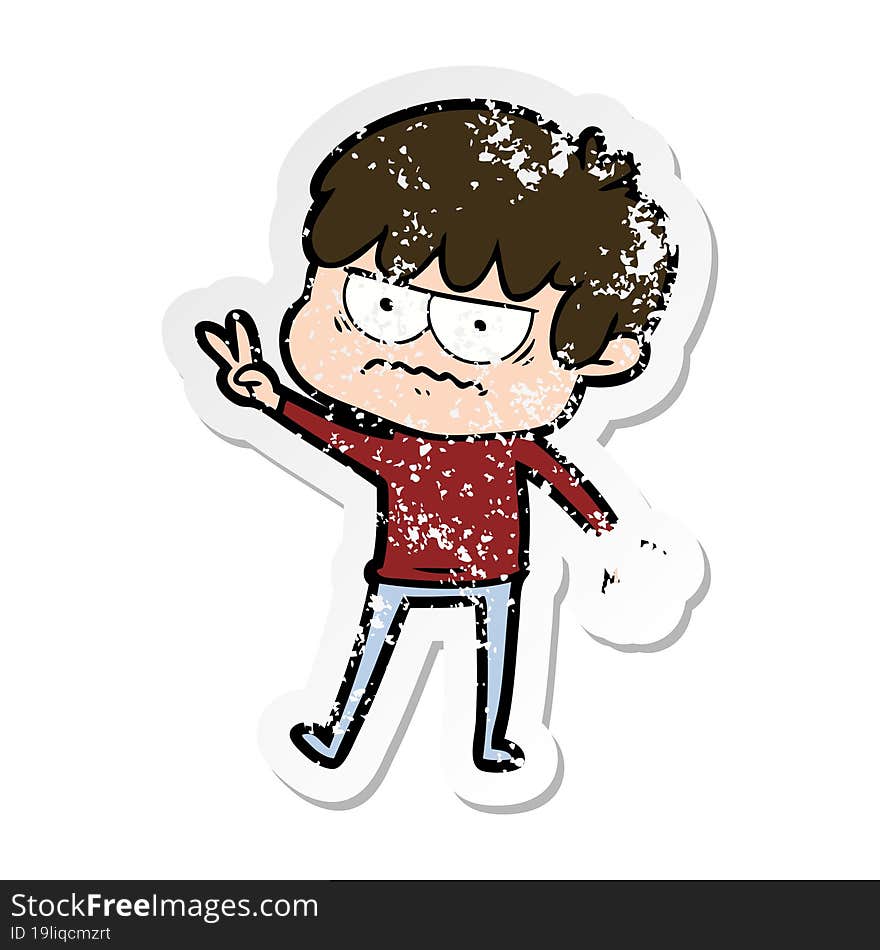 distressed sticker of a annoyed cartoon boy