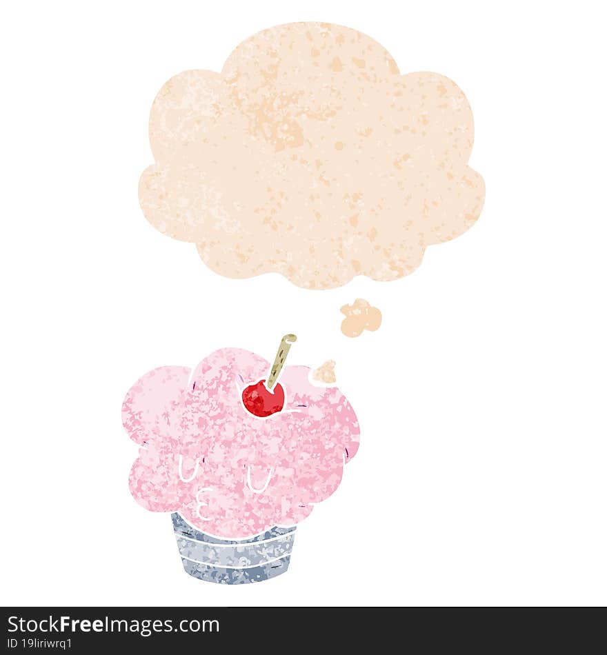 cartoon cupcake and thought bubble in retro textured style