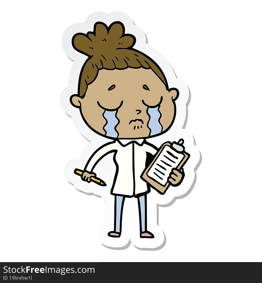 Sticker Of A Cartoon Crying Saleswoman