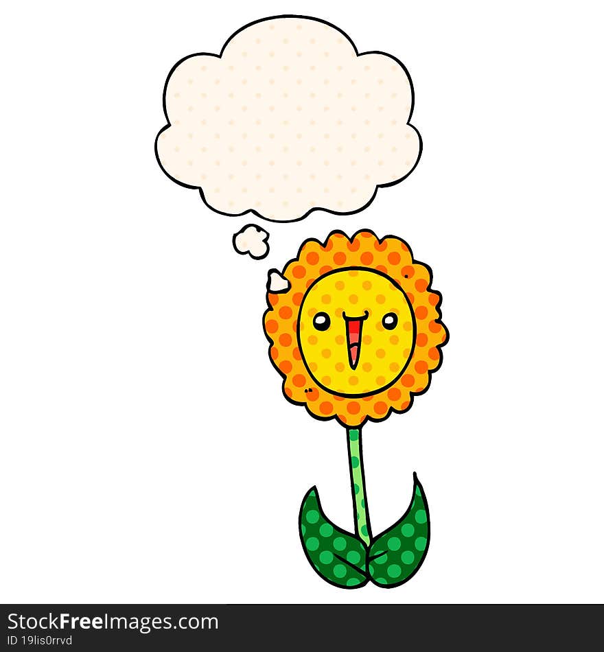 cartoon flower with thought bubble in comic book style