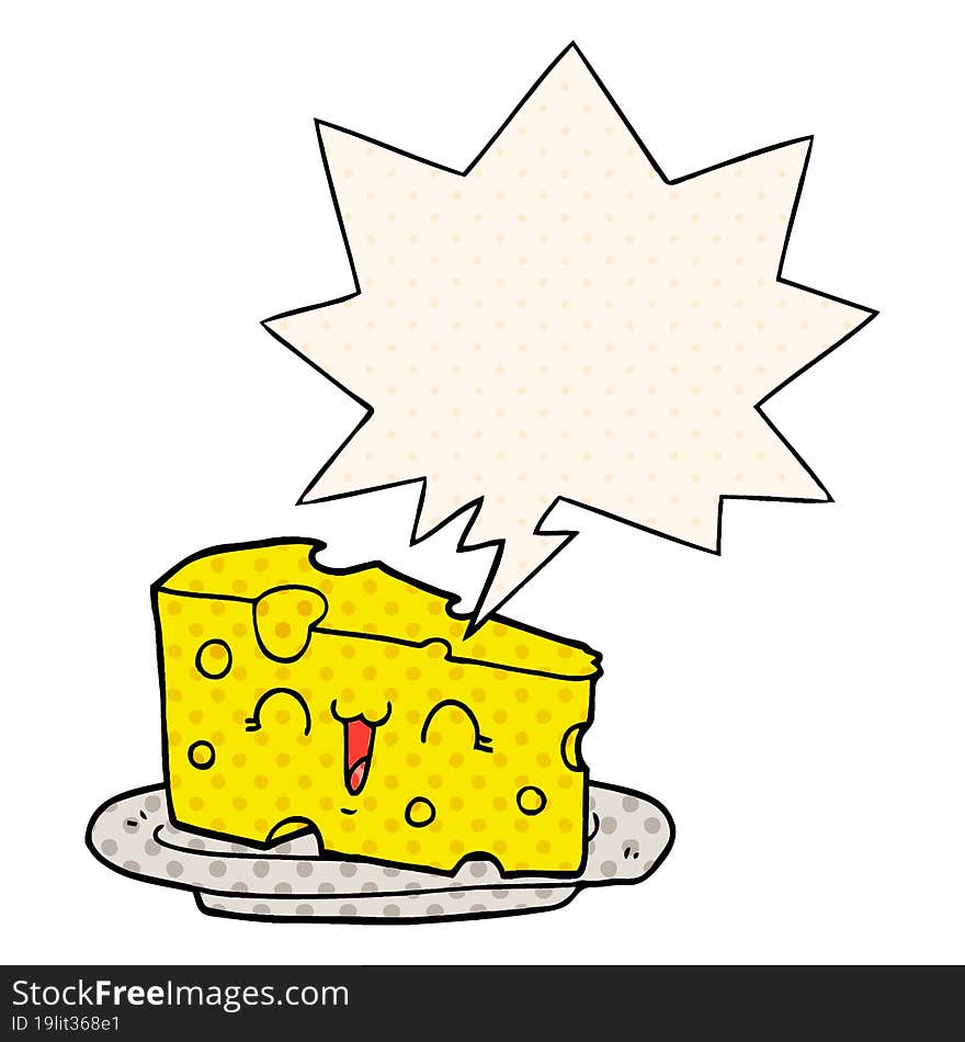 cute cartoon cheese and speech bubble in comic book style