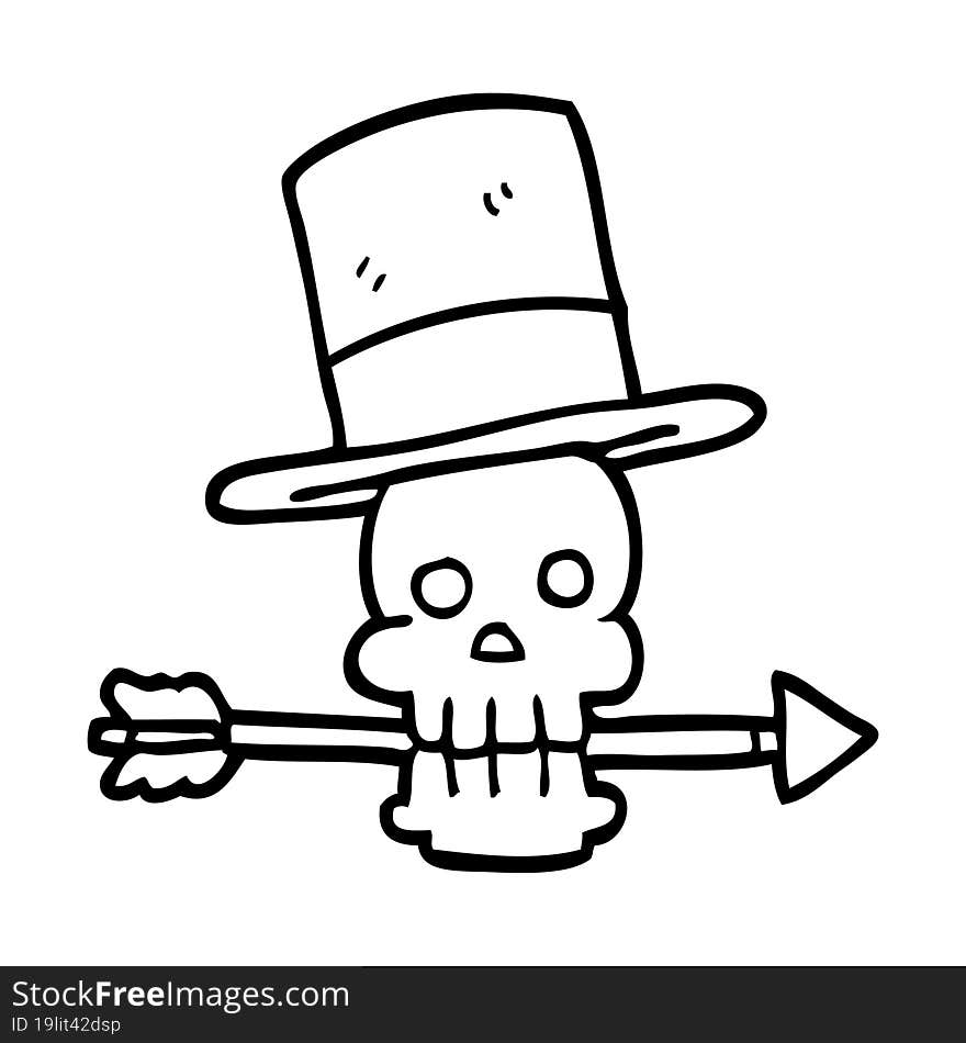 line drawing cartoon skull with top hat and arrow