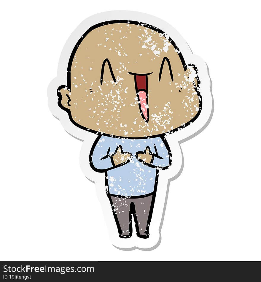 distressed sticker of a happy cartoon bald man