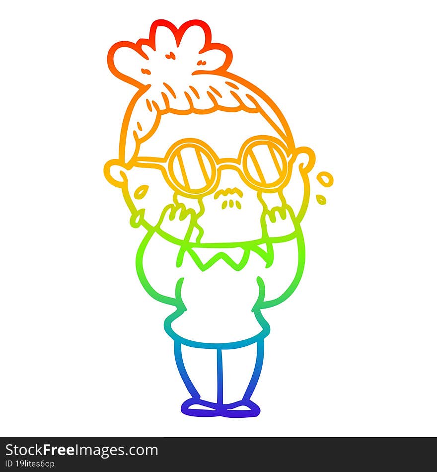 rainbow gradient line drawing cartoon crying woman wearing spectacles