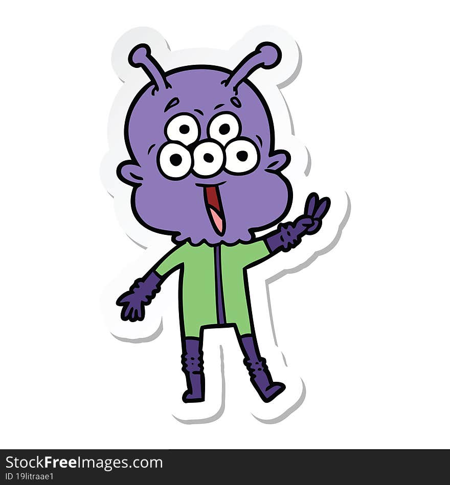 sticker of a happy cartoon alien waving peace gesture