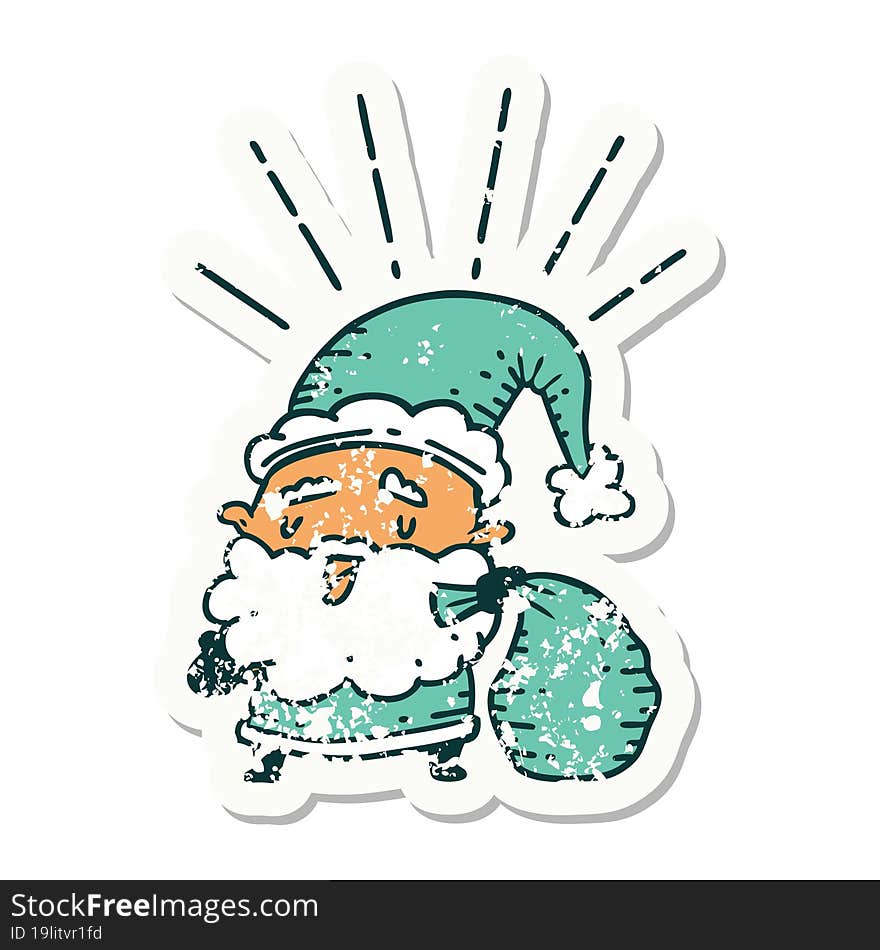 grunge sticker of tattoo style santa claus christmas character with sack