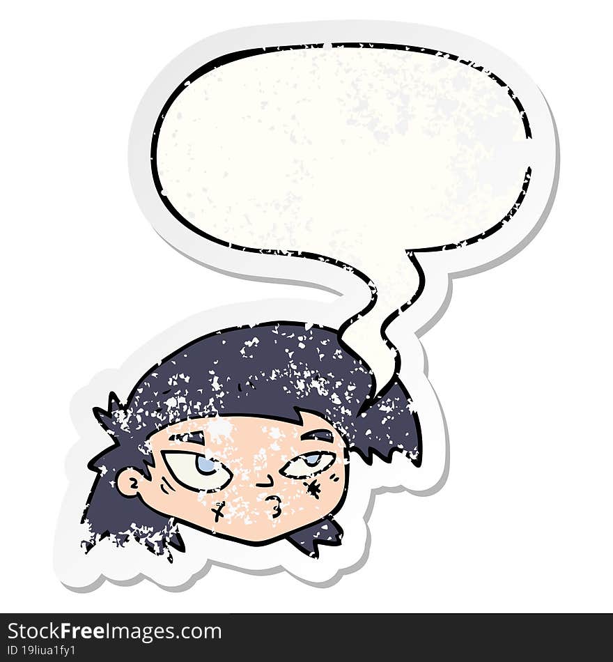 cartoon scratched up face and speech bubble distressed sticker