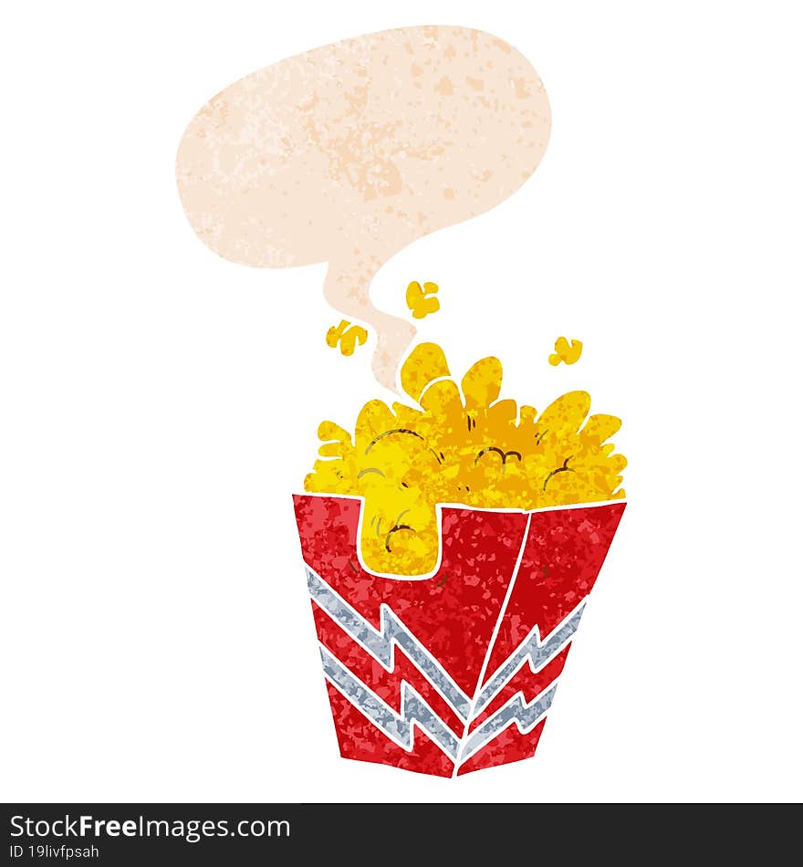 Cartoon Box Of Popcorn And Speech Bubble In Retro Textured Style