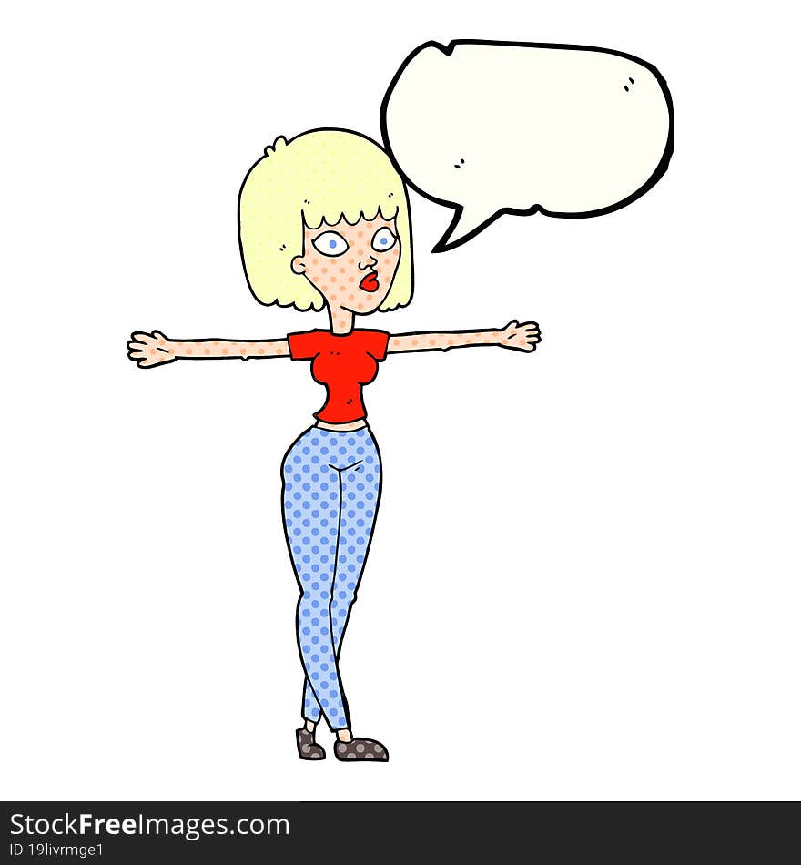 comic book speech bubble cartoon woman spreading arms