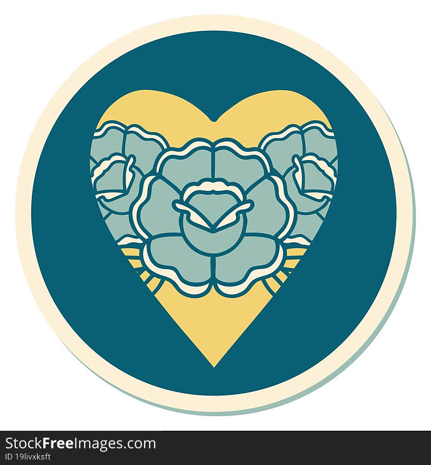 sticker of tattoo in traditional style of a heart and flowers. sticker of tattoo in traditional style of a heart and flowers