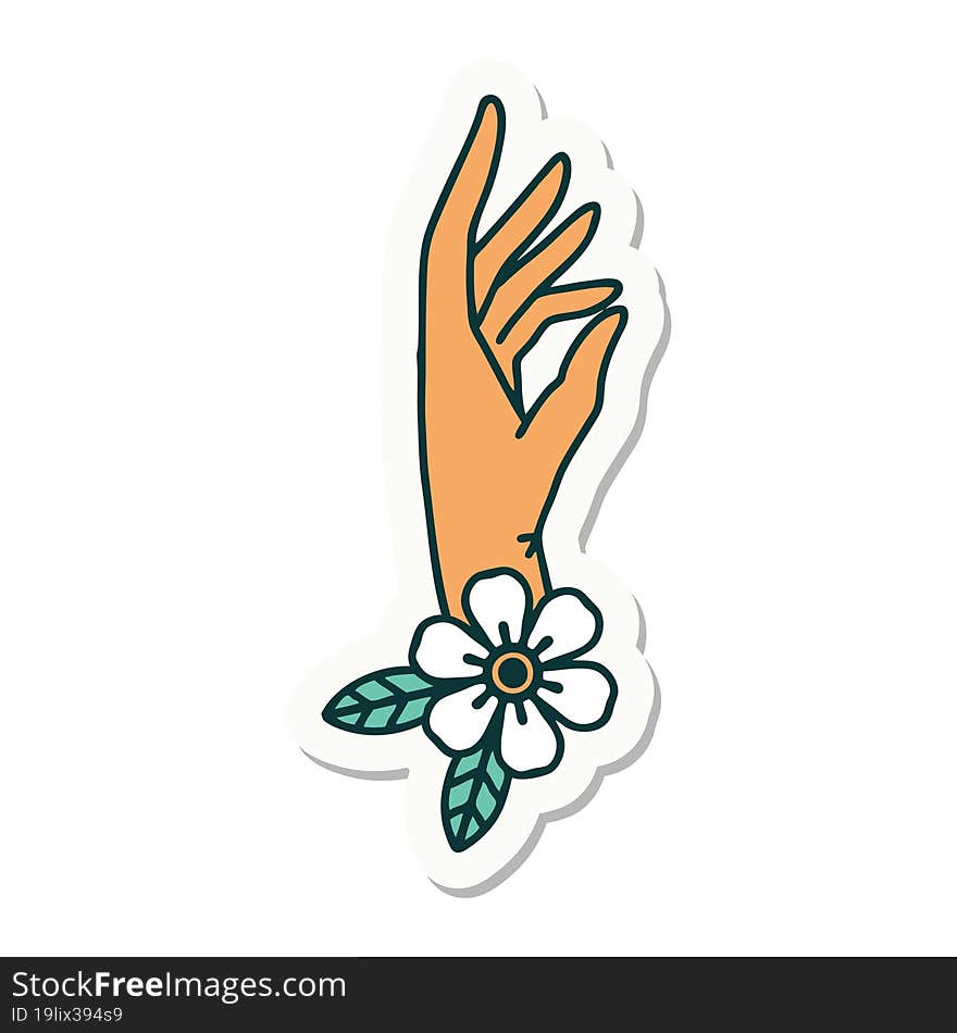 sticker of tattoo in traditional style of a hand and flower. sticker of tattoo in traditional style of a hand and flower