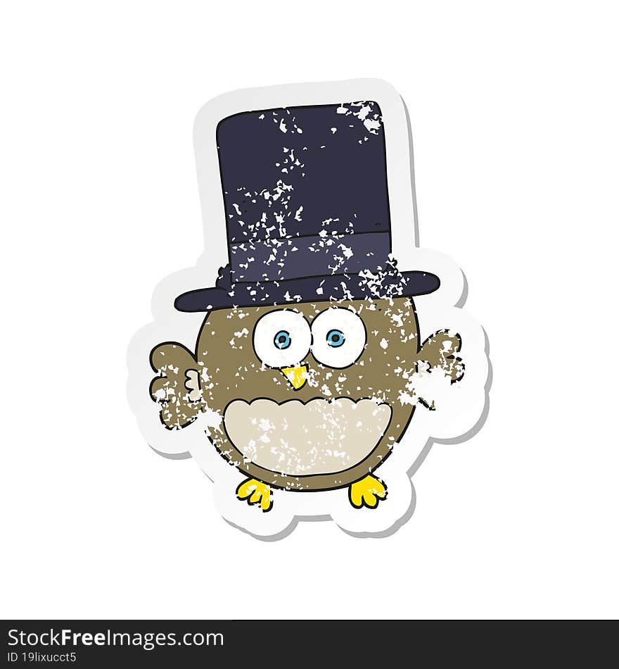 retro distressed sticker of a cartoon owl in top hat