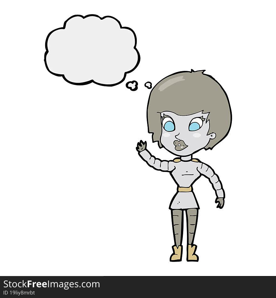 cartoon robot woman waving with thought bubble