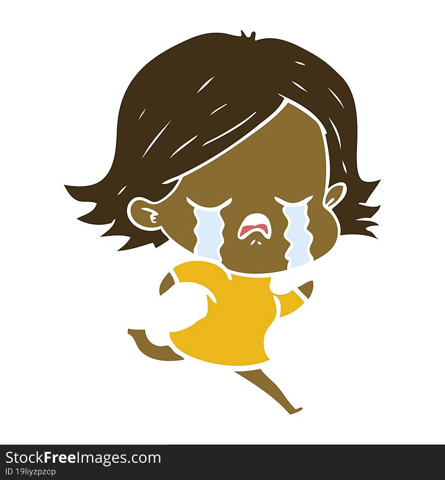 flat color style cartoon girl crying whilst running