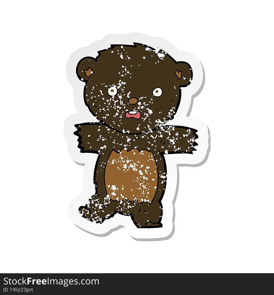 retro distressed sticker of a cartoon shocked black bear cub