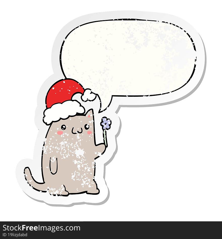 Cute Cartoon Christmas Cat And Speech Bubble Distressed Sticker