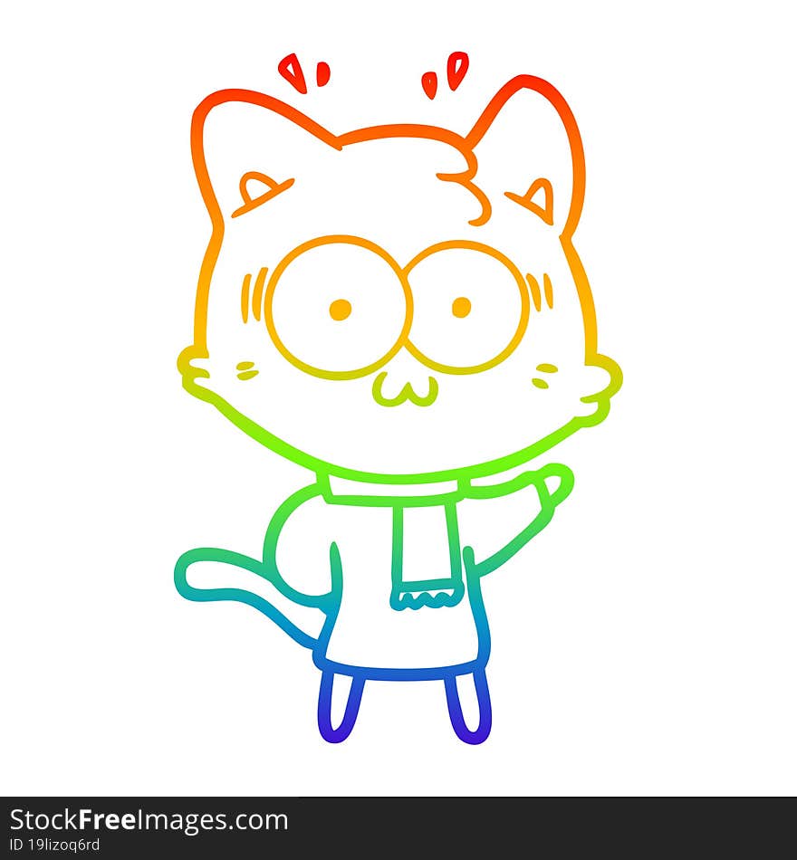 rainbow gradient line drawing of a cartoon surprised cat wearing rainbow winter clothes