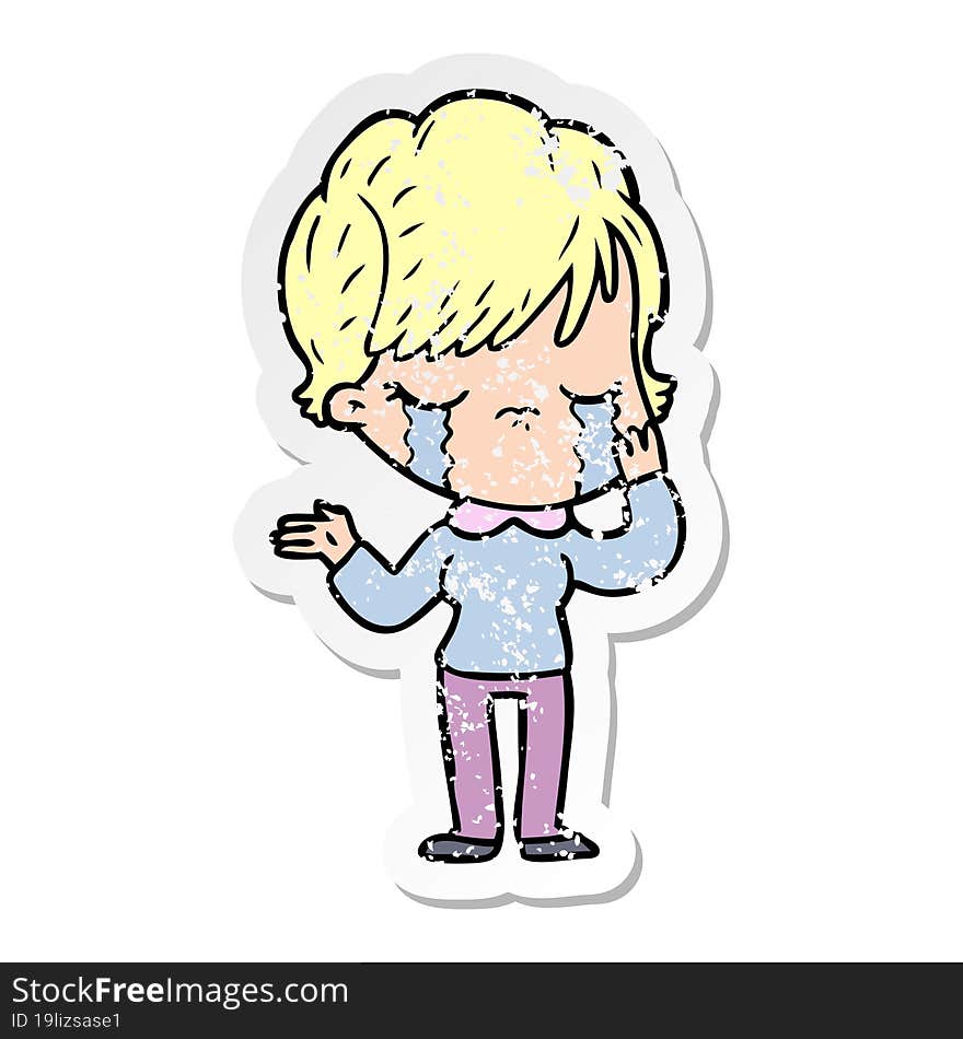 distressed sticker of a cartoon woman crying