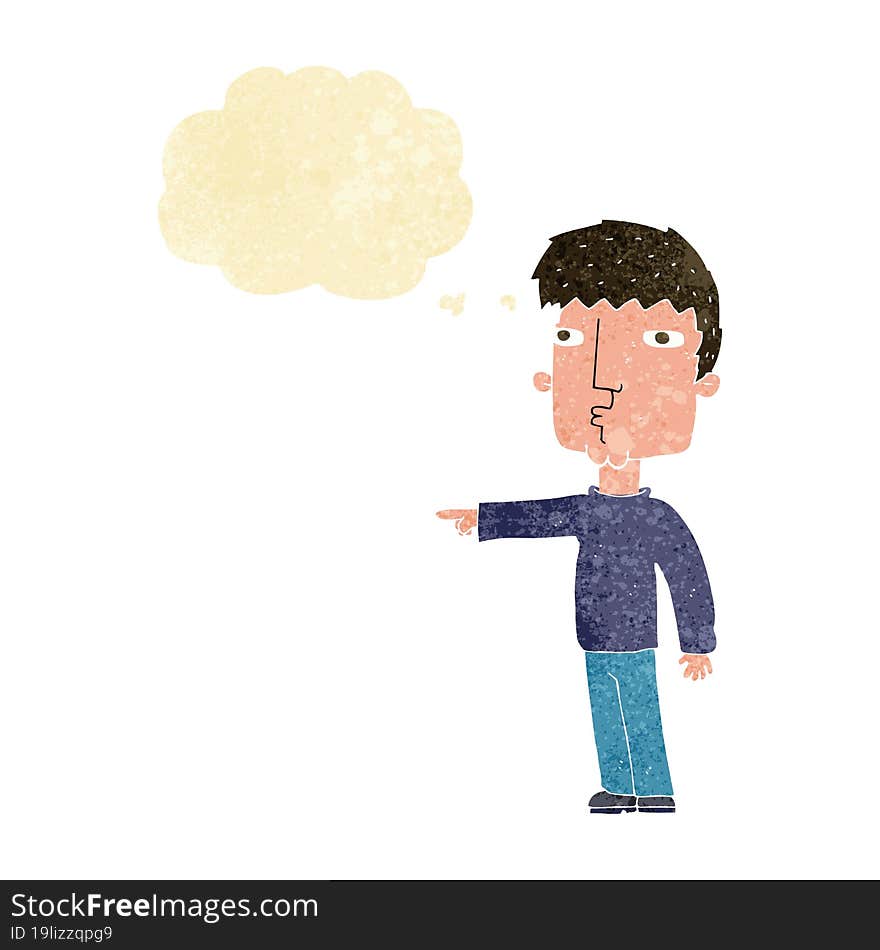 cartoon pointing man with thought bubble