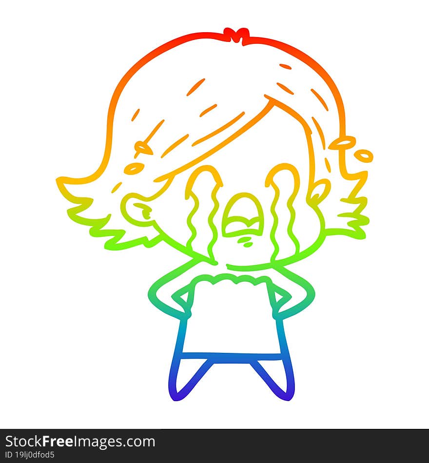 rainbow gradient line drawing of a cartoon woman crying