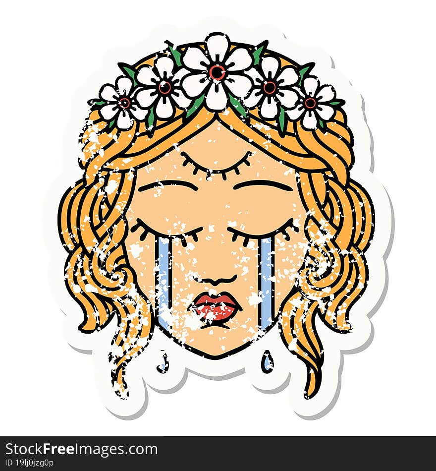 traditional distressed sticker tattoo of female face crying with third eye