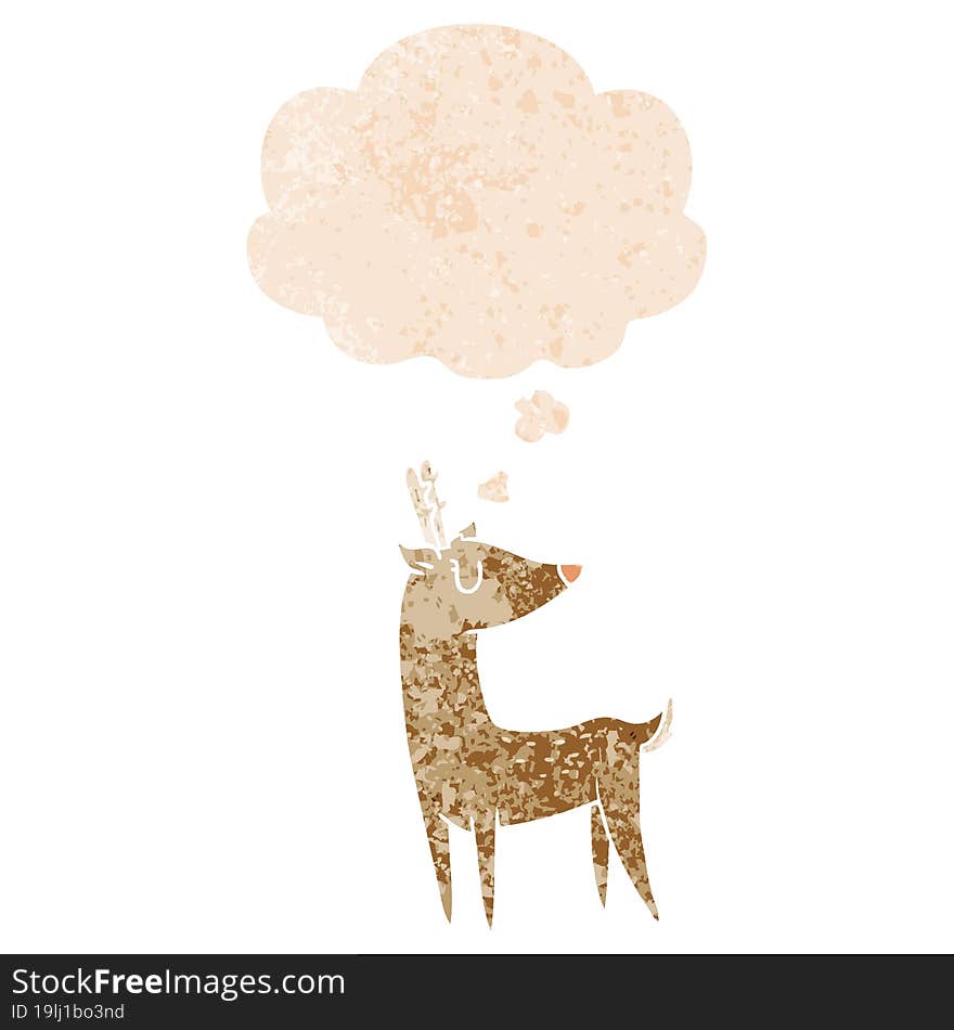 cartoon deer and thought bubble in retro textured style