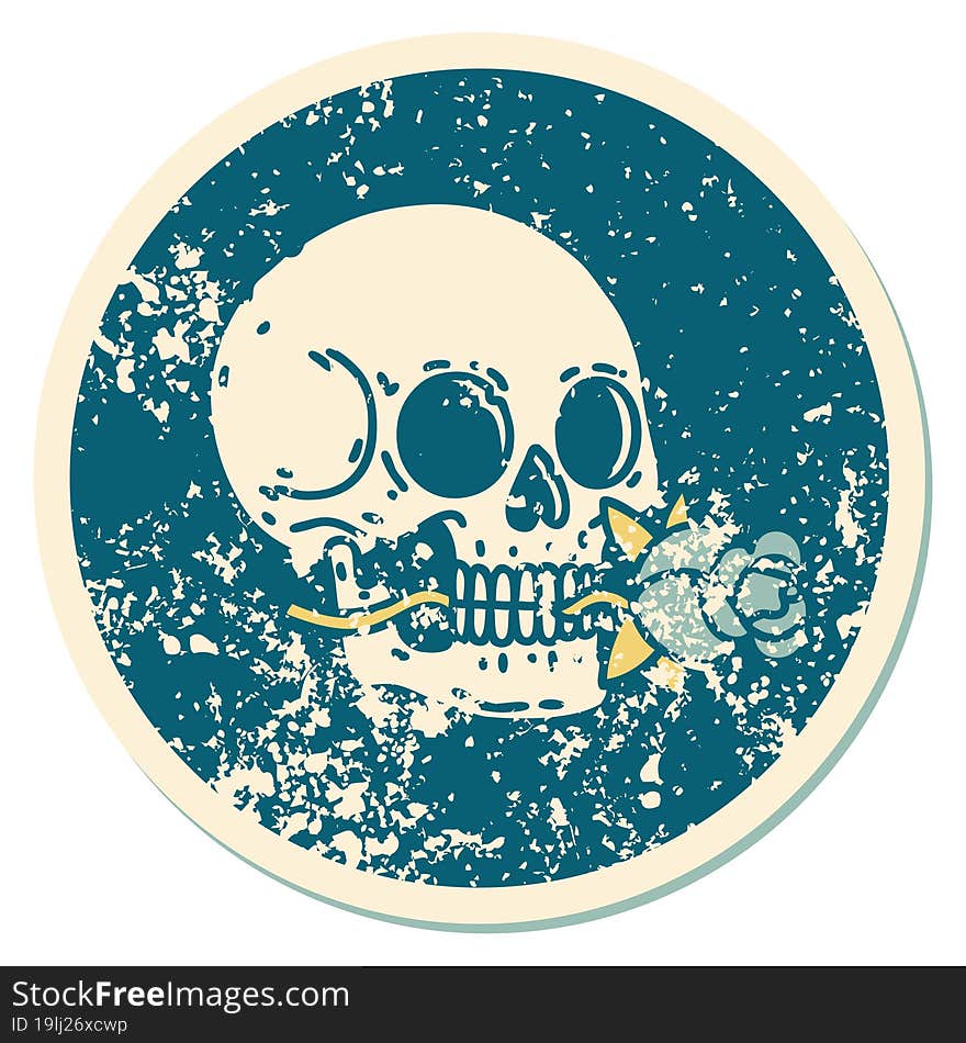 iconic distressed sticker tattoo style image of a skull and rose. iconic distressed sticker tattoo style image of a skull and rose