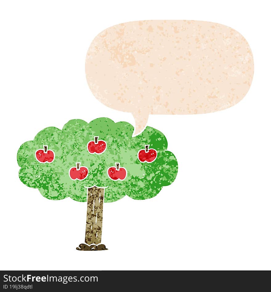 cartoon apple tree and speech bubble in retro textured style