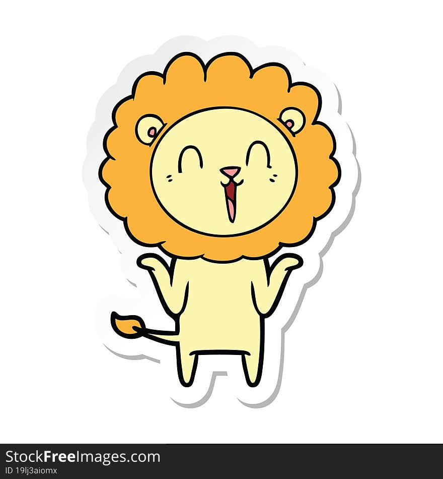 sticker of a laughing lion cartoon shrugging shoulders