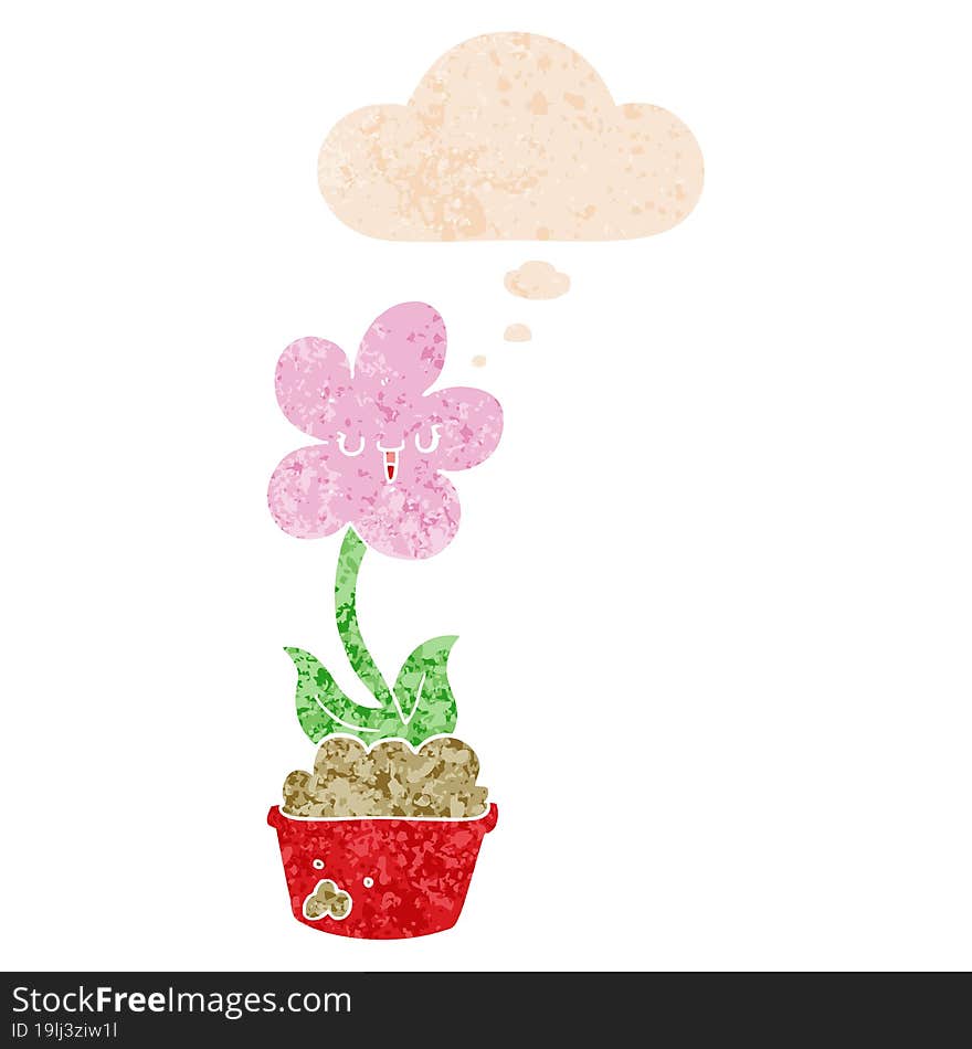 cute cartoon flower and thought bubble in retro textured style